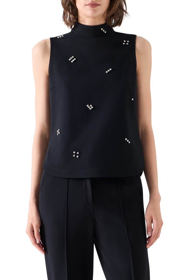 Dice-Dot Embellished Mock Neck Jersey Top, Main, color, BLACK