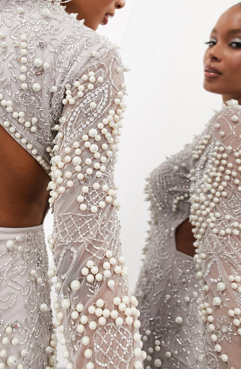 ASOS DESIGN Imitation Pearl & Crystal Long Sleeve Midi Dress, Alternate, color,