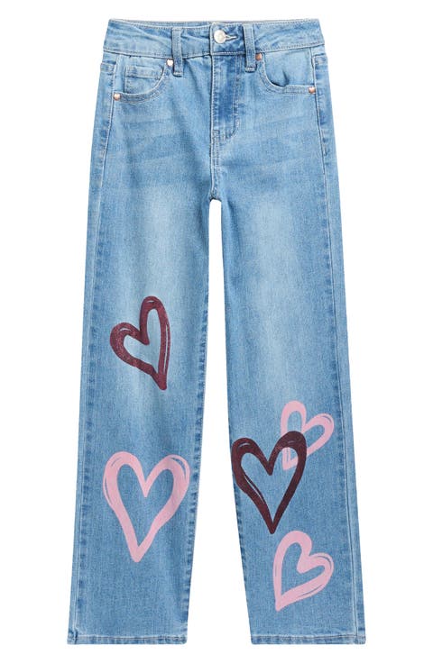 Kids' Relaxed Fit Heart Accent Straight Leg Jeans (Big Kid)