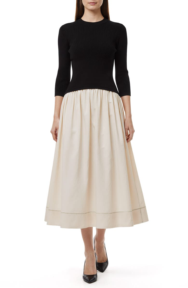 Mila Mae Mixed Media Midi Dress, Main, color, Black Cream