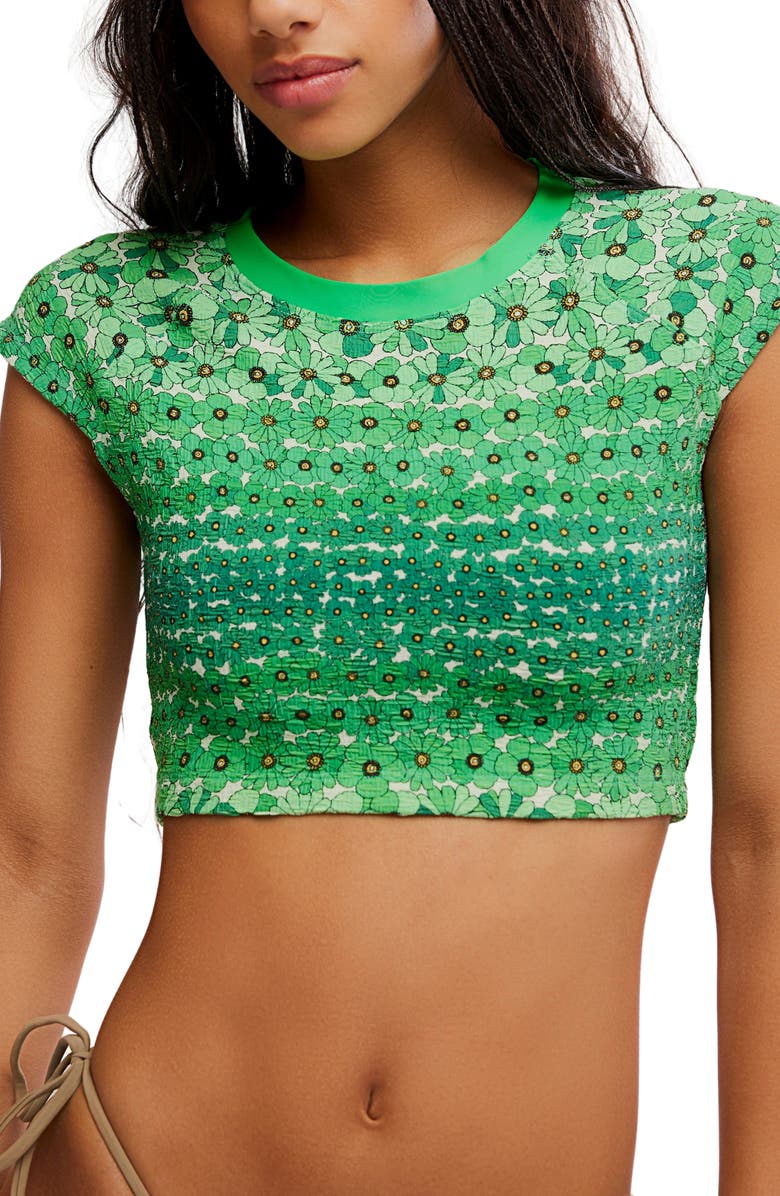 Free People Sonny Jacquard Crop Cover-Up T-Shirt, Alternate, color, Sunset Daisy/ Green A