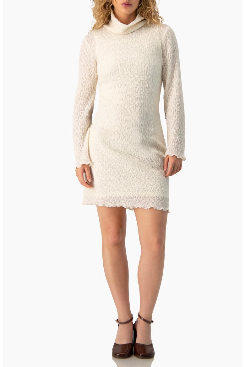 Crinkle-Knit Turtleneck Long-Sleeve Fitted Mini Dress, Alternate, color, Bone