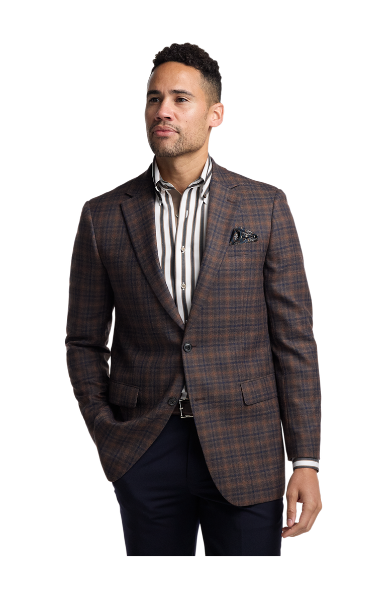 Wool Blend Plaid Single Breasted Notch Lapel Sport Coat, Alternate, color, Brown/Navy