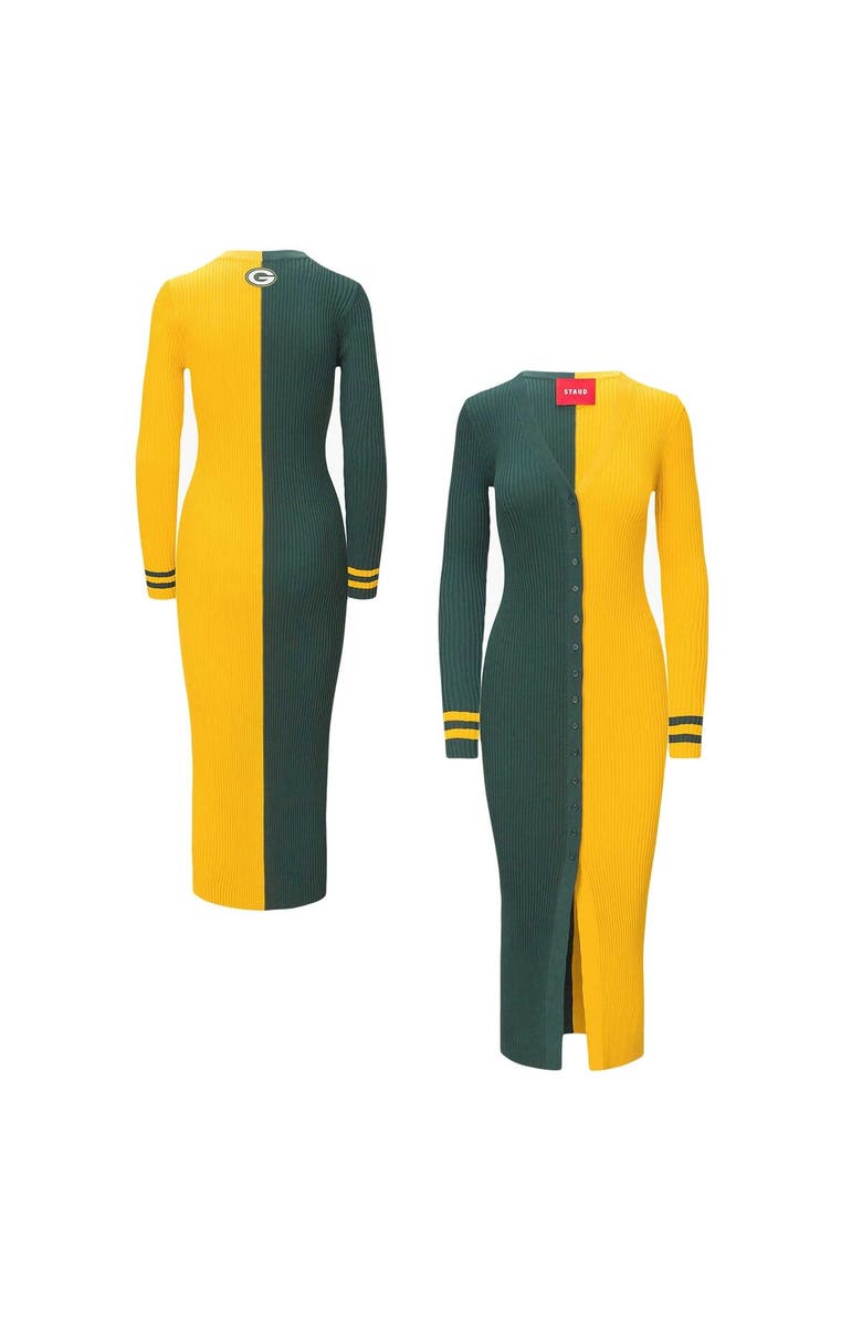 STAUD Women's STAUD Green/Gold Green Bay Packers Shoko Knit Button-Up Sweater Dress, Main, color, 