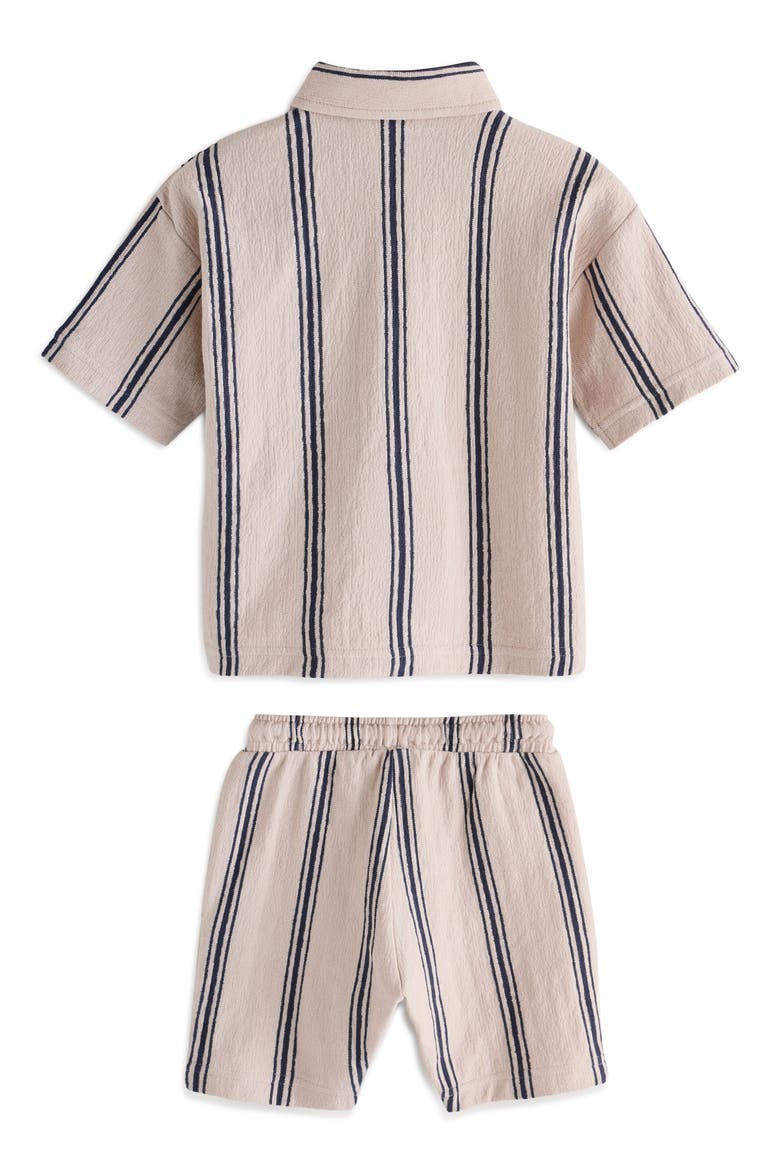 Kids' Stripe Knit Short Sleeve Cotton Button-Up Shirt & Drawstring Shorts Set, Alternate, color, NEUTRAL