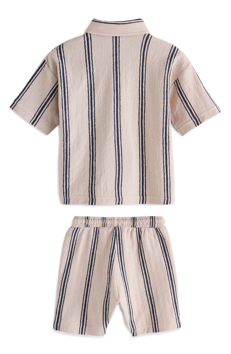NEXT Kids' Stripe Knit Short Sleeve Cotton Button-Up Shirt & Drawstring Shorts Set, Alternate, color, Neutral