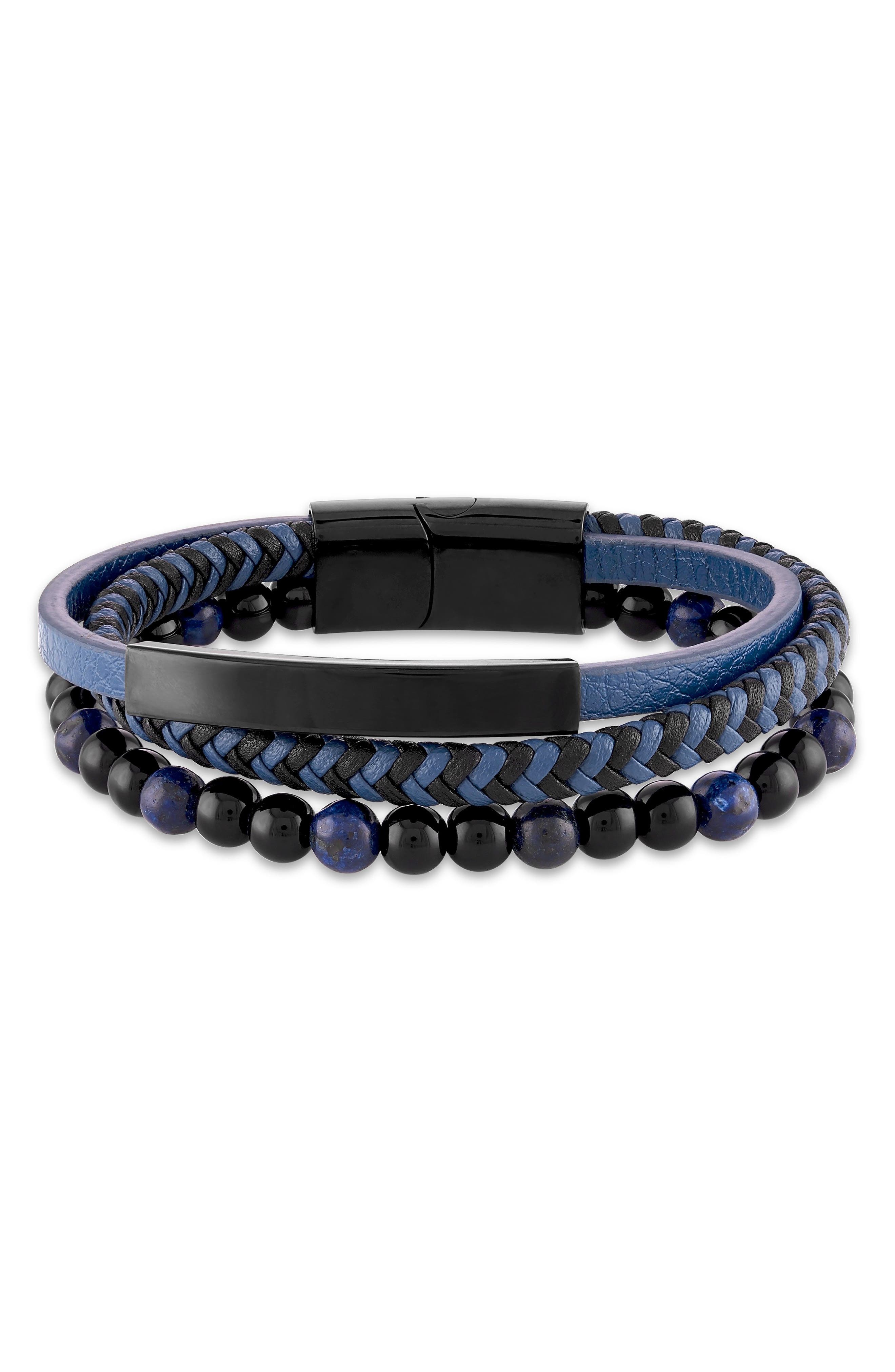 Esquire Men's Onyx Beaded Braided Leather Bracelet