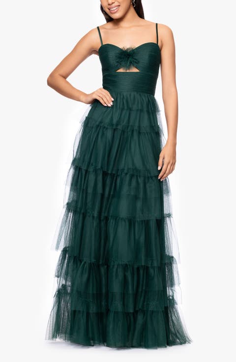 Rose Ruffle Tiered Mesh A-Line Gown