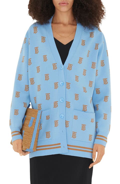 Salena TB Logo Jacquard Wool & Silk Blend Cardigan