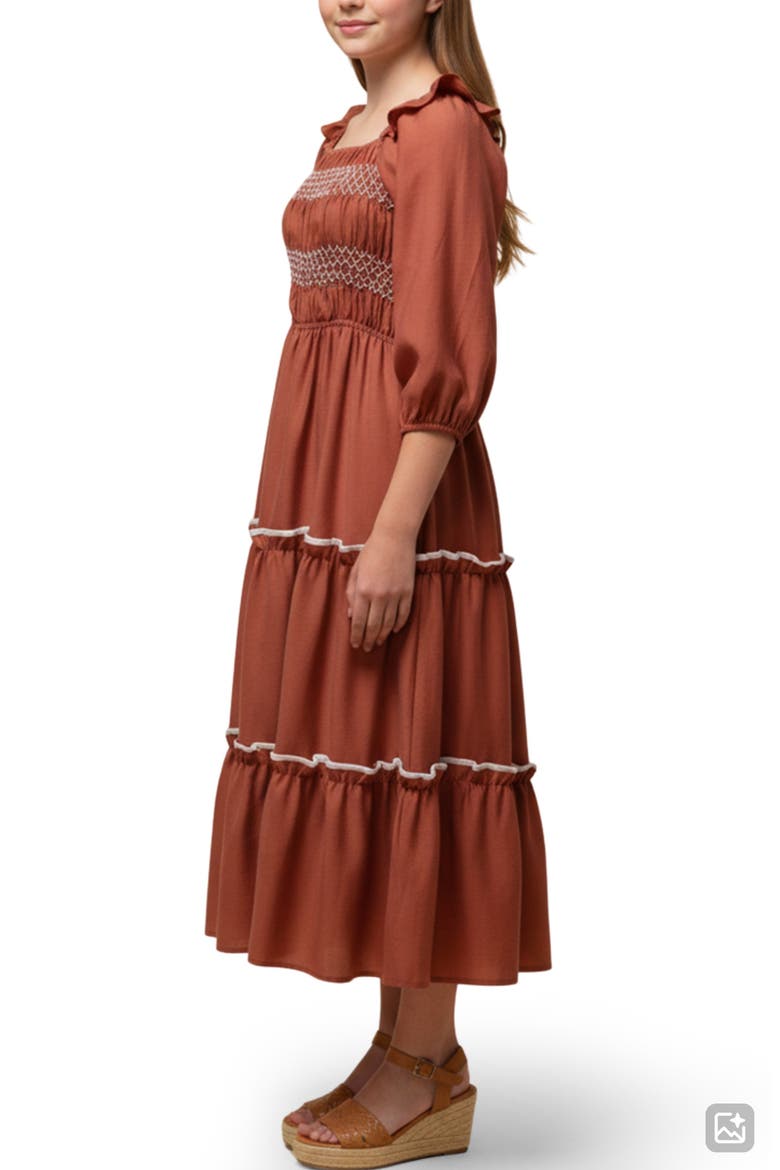 Kids' Smocked Ruffle Trim Midi Dress, Alternate, color, RUST