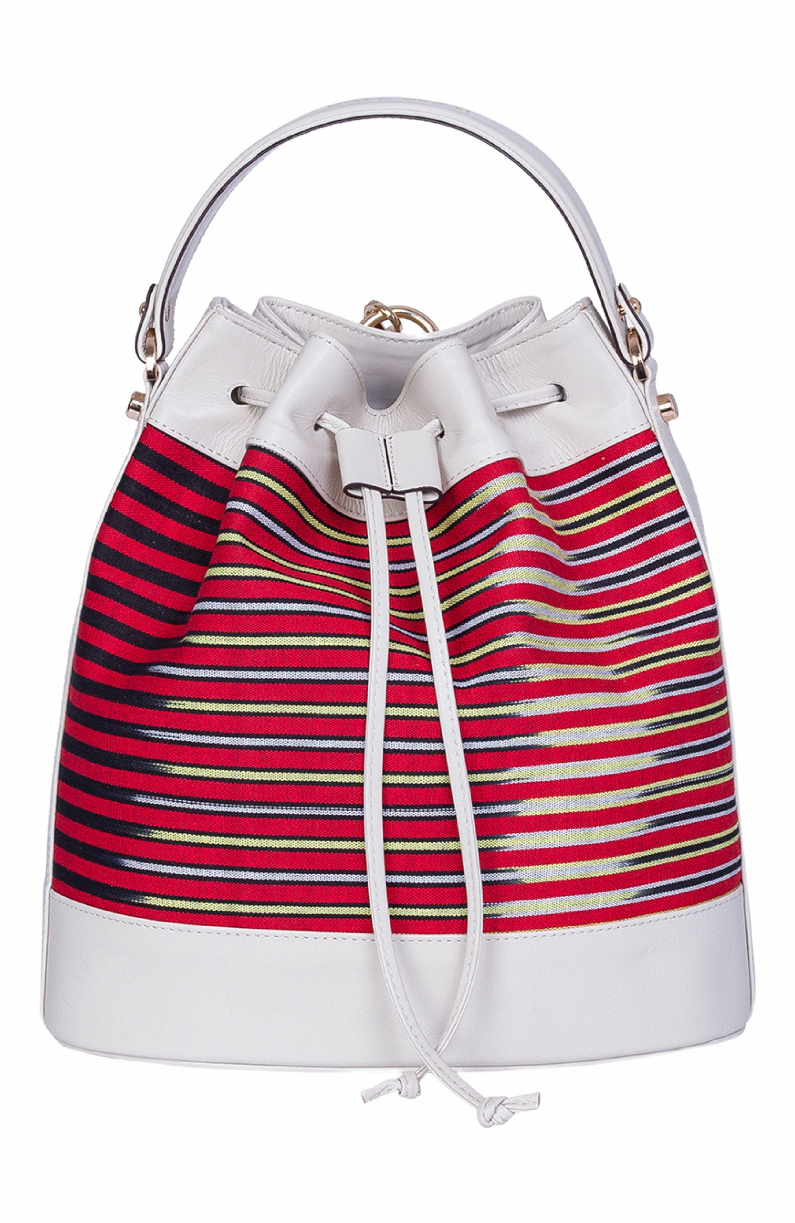 K'Ai & Vrosi Leather & Striped Fabric Pattern Convertible Bag in Beige 