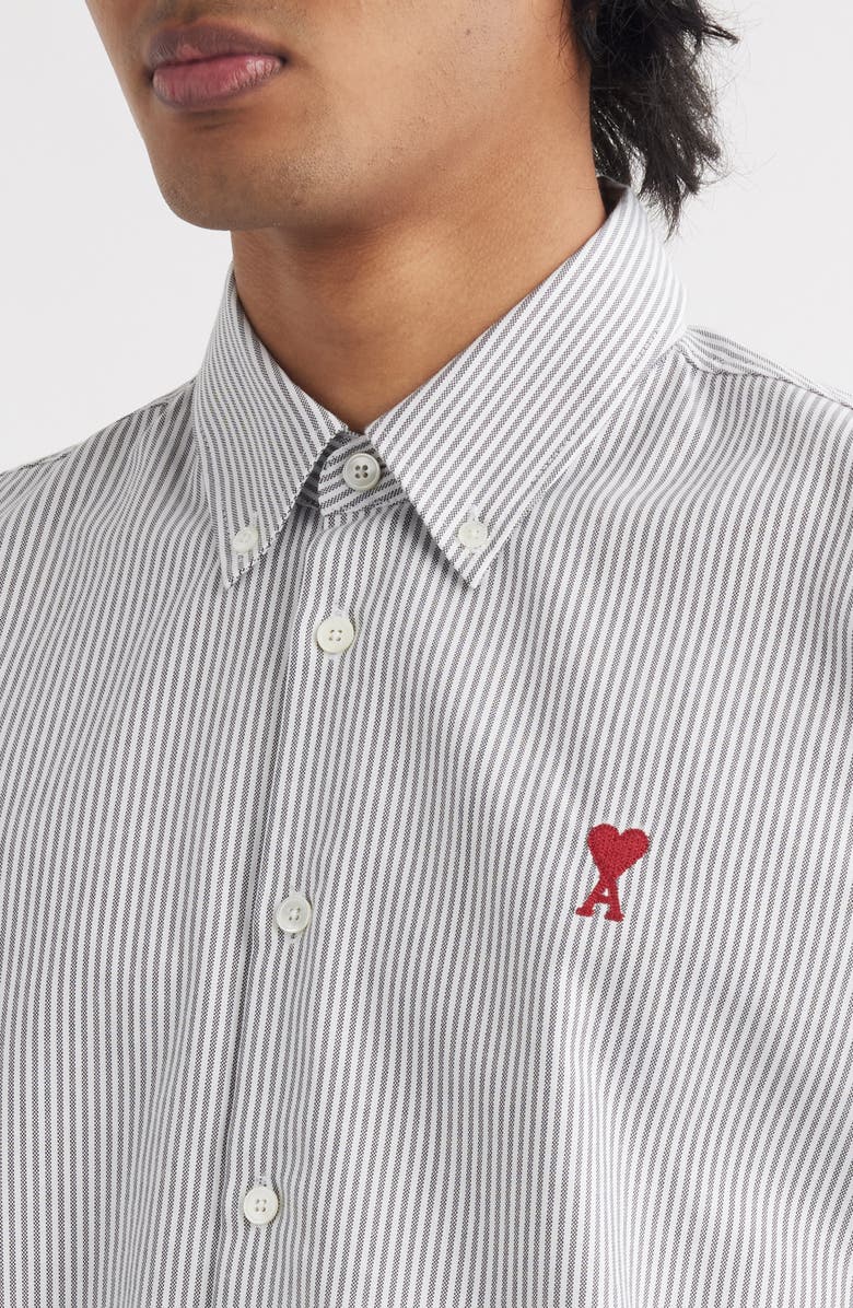 AMI PARIS Ami de Coeur Stripe Cotton Oxford Button-Down Shirt, Alternate, color, Black/Natural White/039