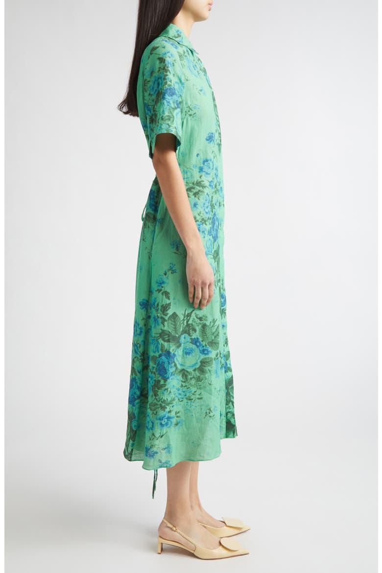 Floal Print Tie Waist Linen Shirtdress, Alternate, color, ROSE BOUQUET SEA GREEN
