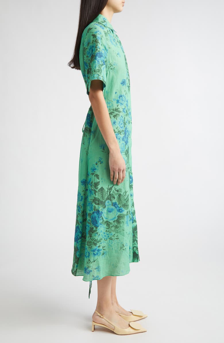 Erdem Floal Print Tie Waist Linen Shirtdress, Alternate, color, Rose Bouquet Sea Green