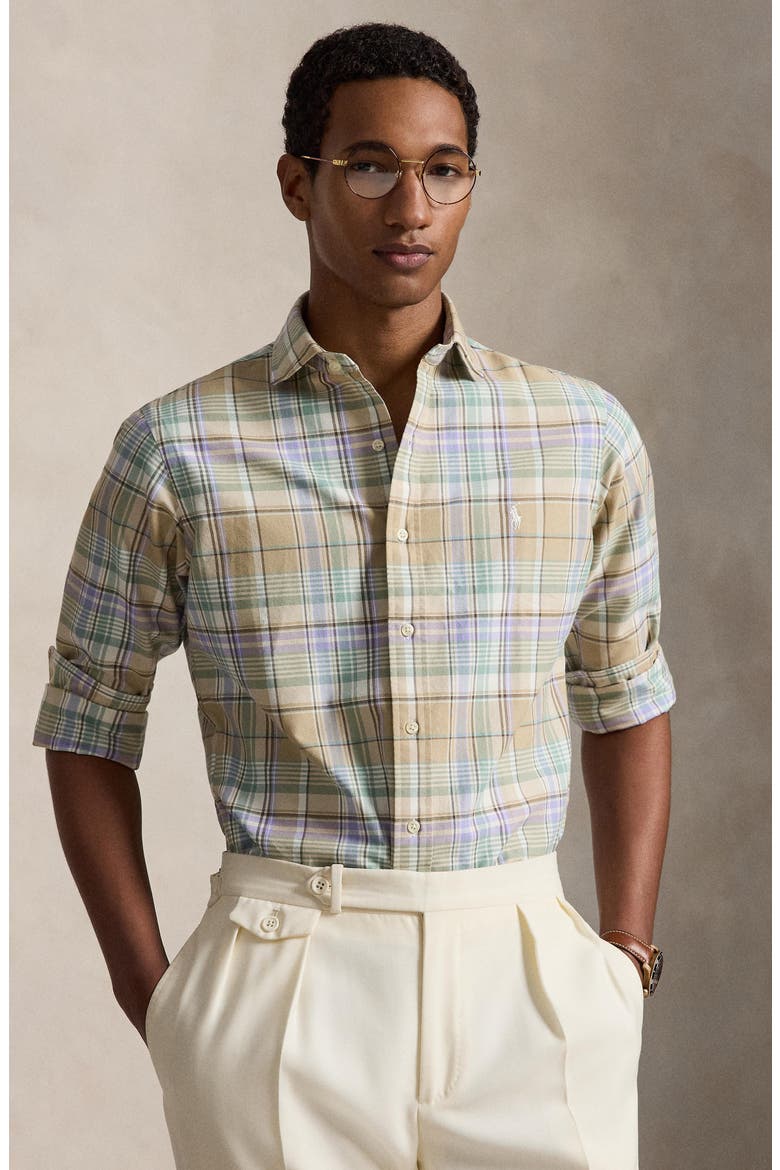 Classic Fit Plaid Linen Button-Up Oxford Shirt, Alternate, color, KHAKI FADED MINT MULTI