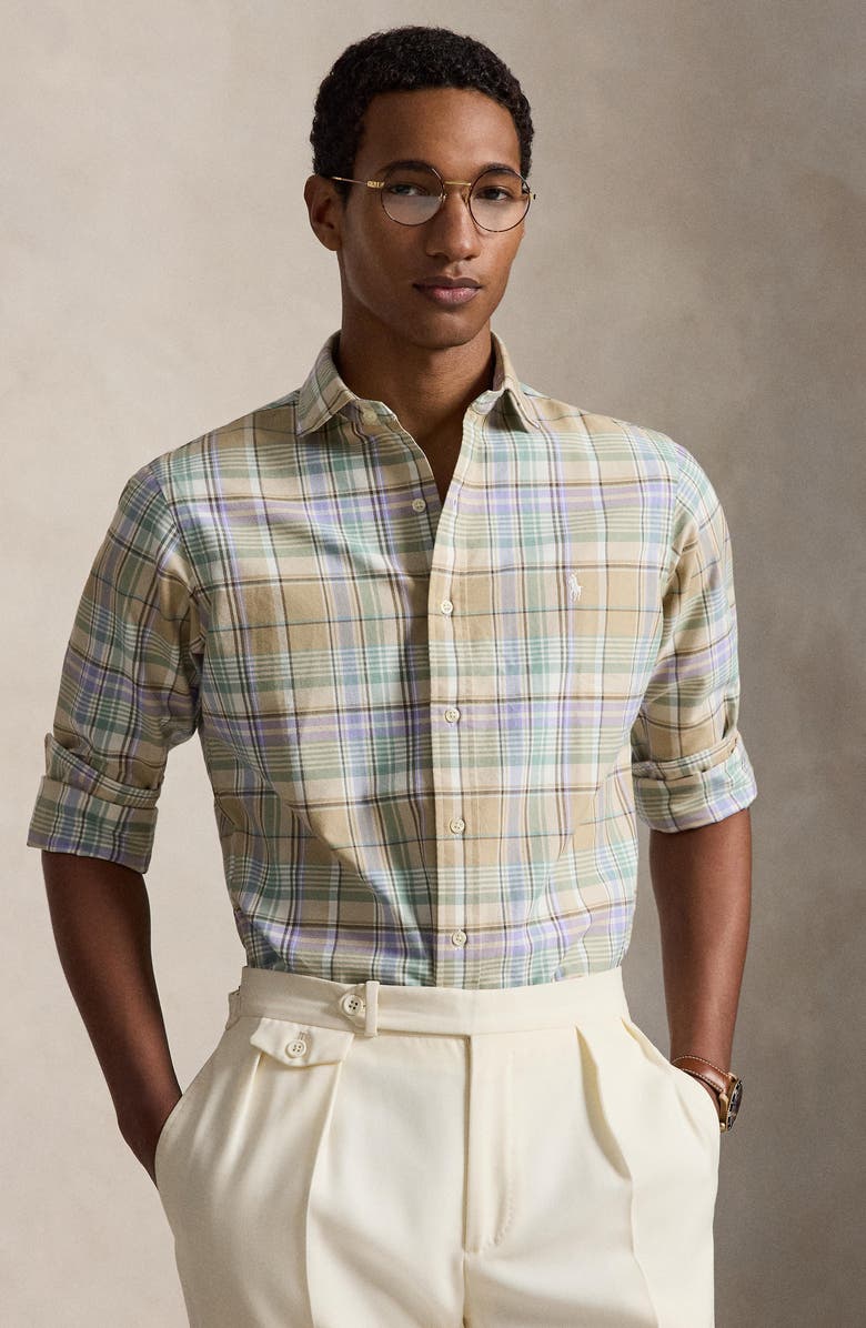 Polo Ralph Lauren Classic Fit Plaid Linen Button-Up Oxford Shirt, Alternate, color, Khaki Faded Mint Multi