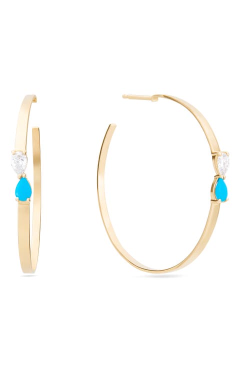 14k Gold Turquoise & Diamond Hoop Earrings