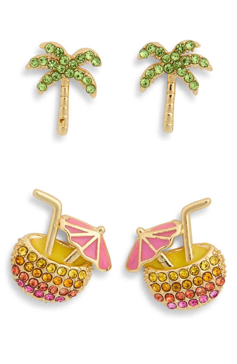 BaubleBar Set of 2 Palm Tree & Drink Stud Earrings, Main, color, Gold Multi