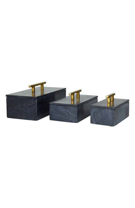 Black Marble Box with Goldtone Handle - Set of 3