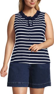 Lands' End Plus Size Lightweight Jersey Button Front Lace Trim Tank