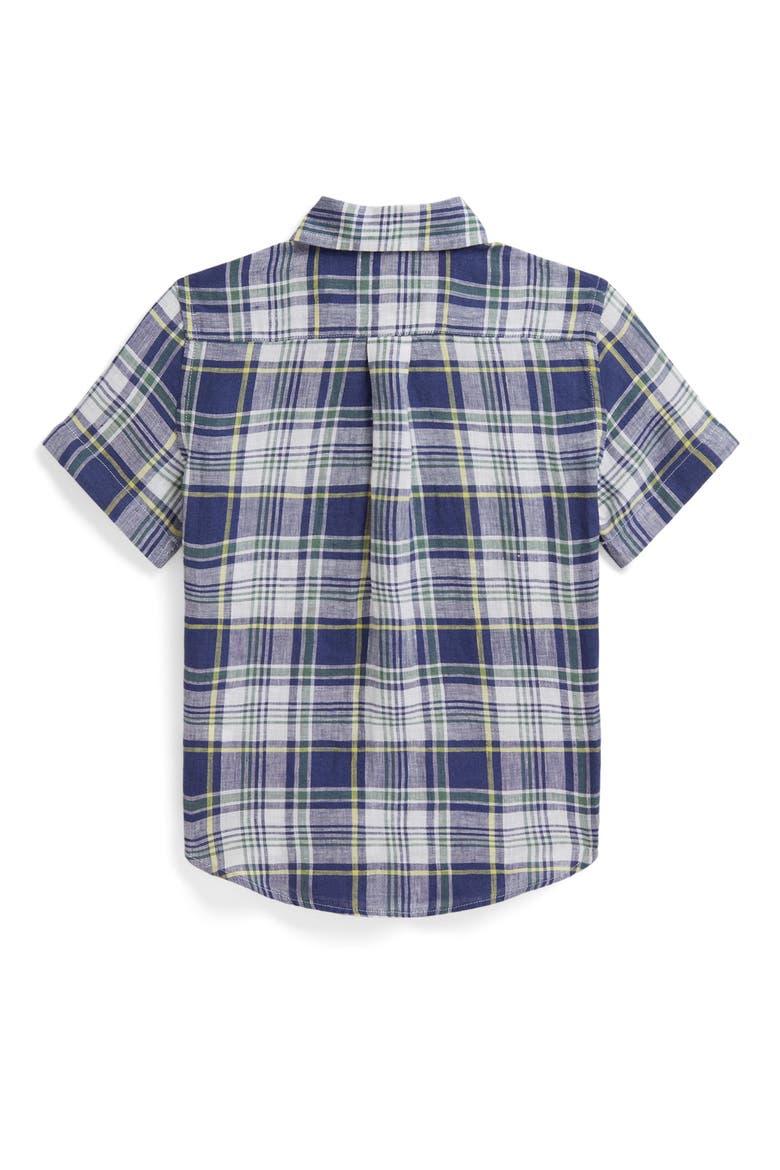 Kids' Plaid Short Sleeve Cotton Madras Button-Down Shirt, Alternate, color, WHITE FADED BLUE MULTI