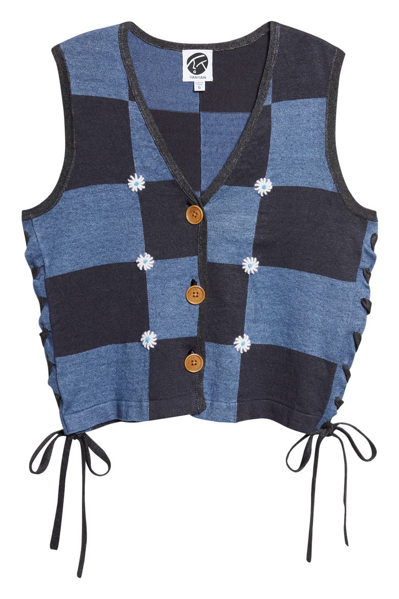 Daisy Intarsia Check Linen Blend Vest, Alternate, color, DENIM