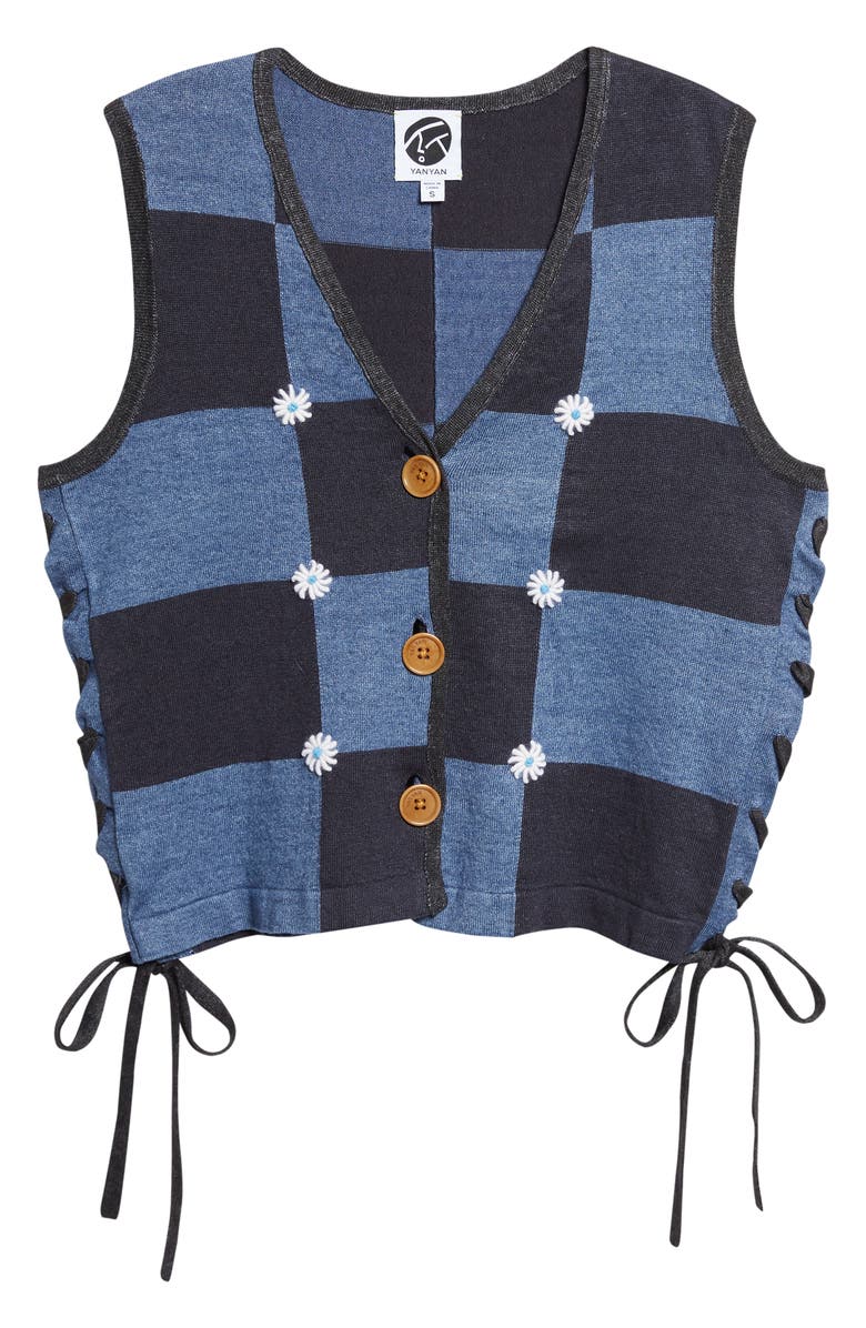 YanYan Daisy Intarsia Check Linen Blend Vest, Alternate, color, Denim