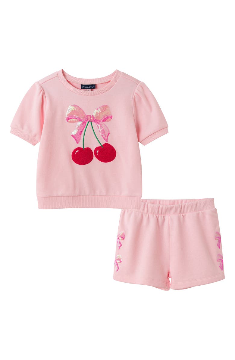 Andy & Evan Kids' French Terry Graphic Top & Shorts Set, Main, color, Pink Cherry