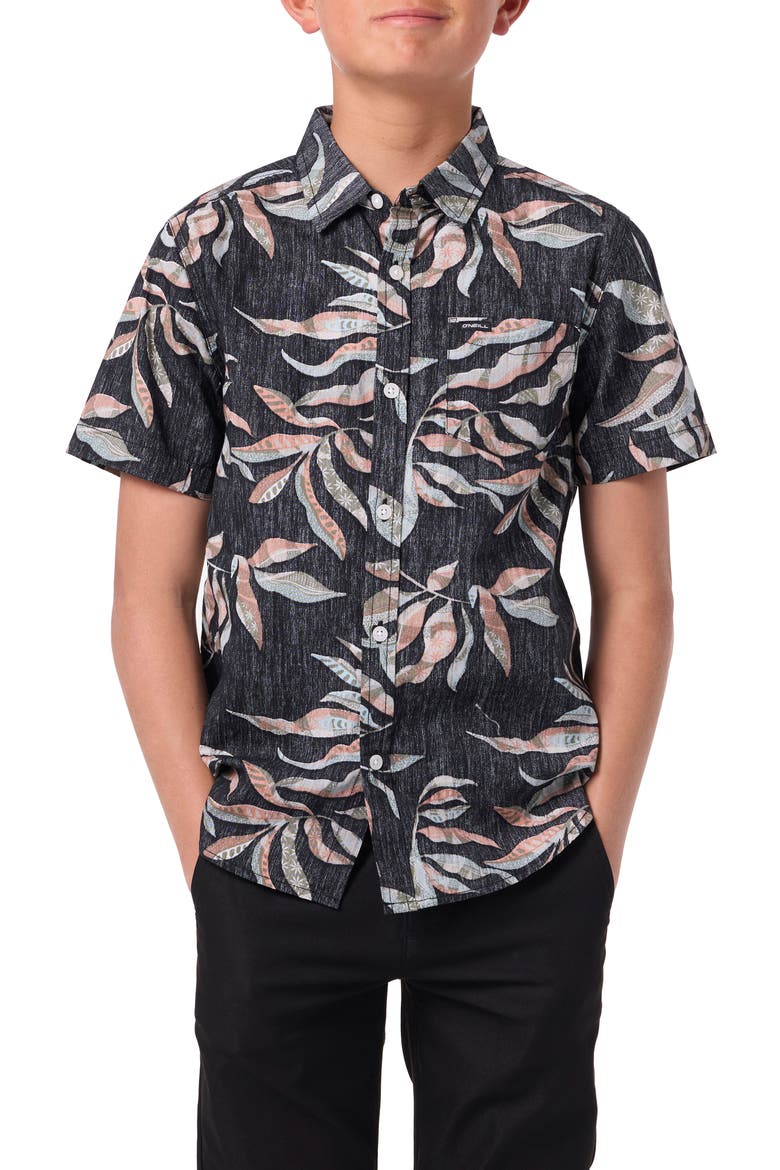 Kids' Terrace Print Short Sleeve Button-Up Shirt, Main, color, BLACK