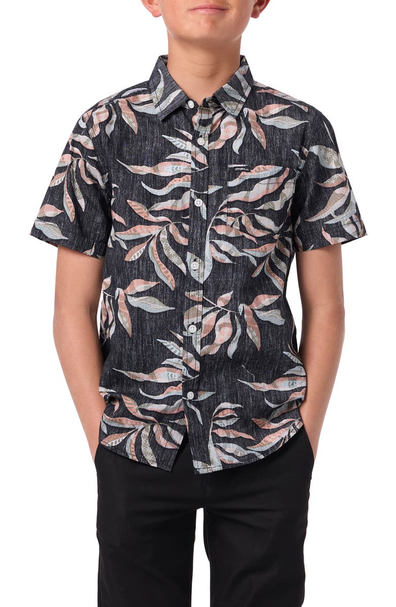 O'Neill Kids' Terrace Print Short Sleeve Button-Up Shirt, Main, color, Black