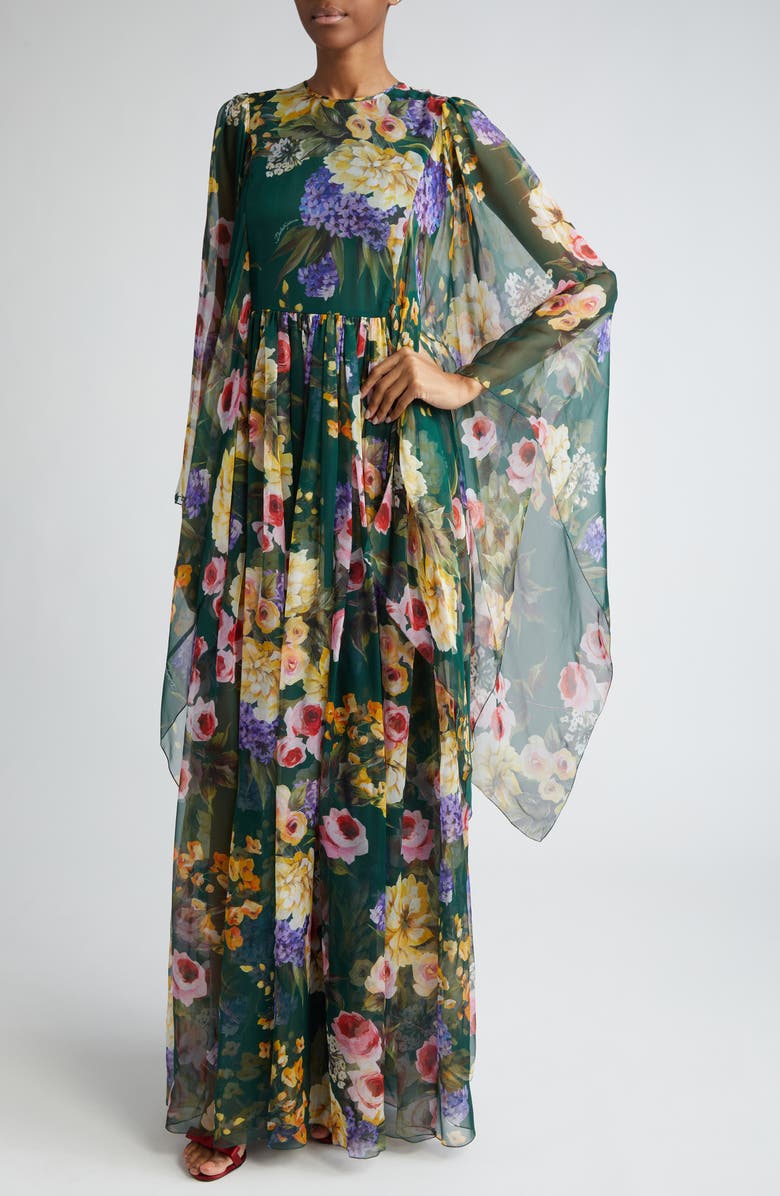 Dolce&Gabbana Garden Floral Print Long Sleeve Silk Chiffon Maxi Dress, Main, color, Hv4ybgiardino Fdo Verde