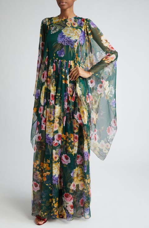 Garden Floral Print Long Sleeve Silk Chiffon Maxi Dress