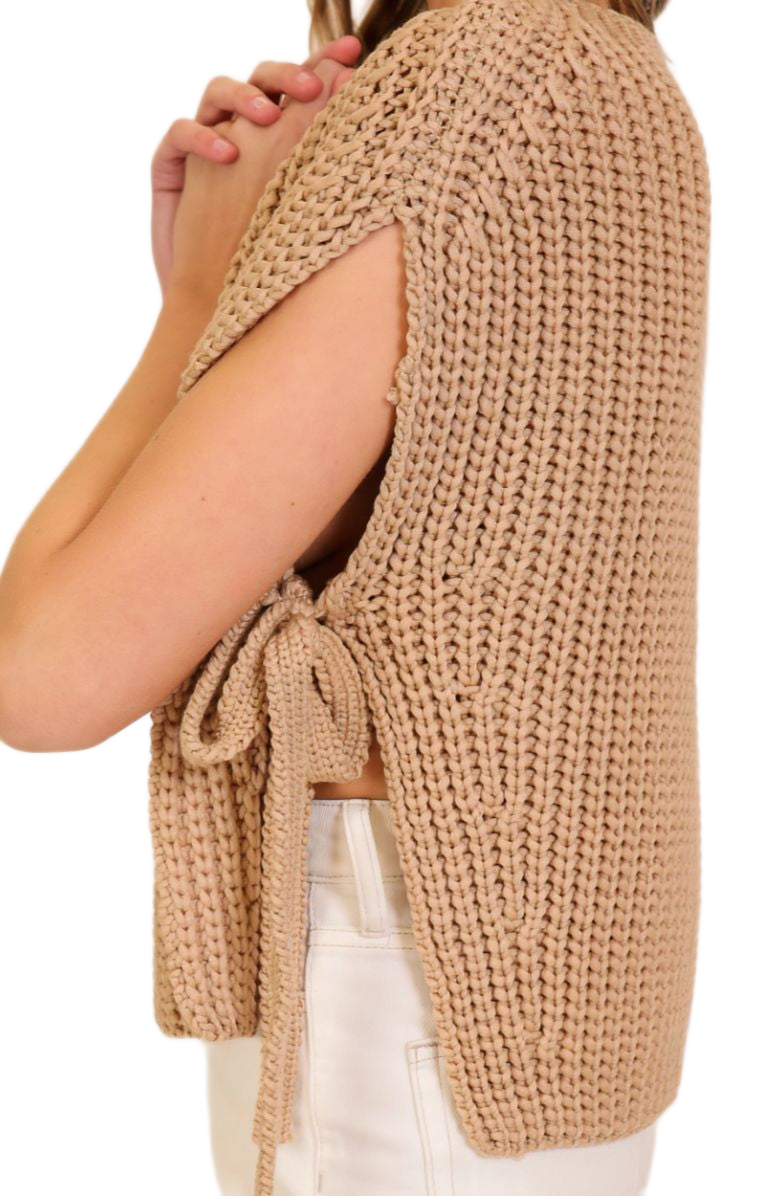 Knit and Lounge Sleeveless Knit Sweater with Side Tie Detail, Alternate, color, Camel