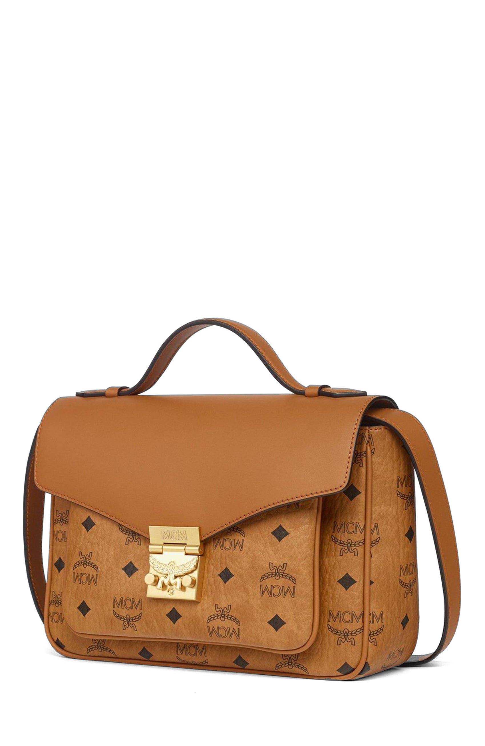 MCM Tracy Satchel in Visetos Leather Mix, Alternate, color, Cognac