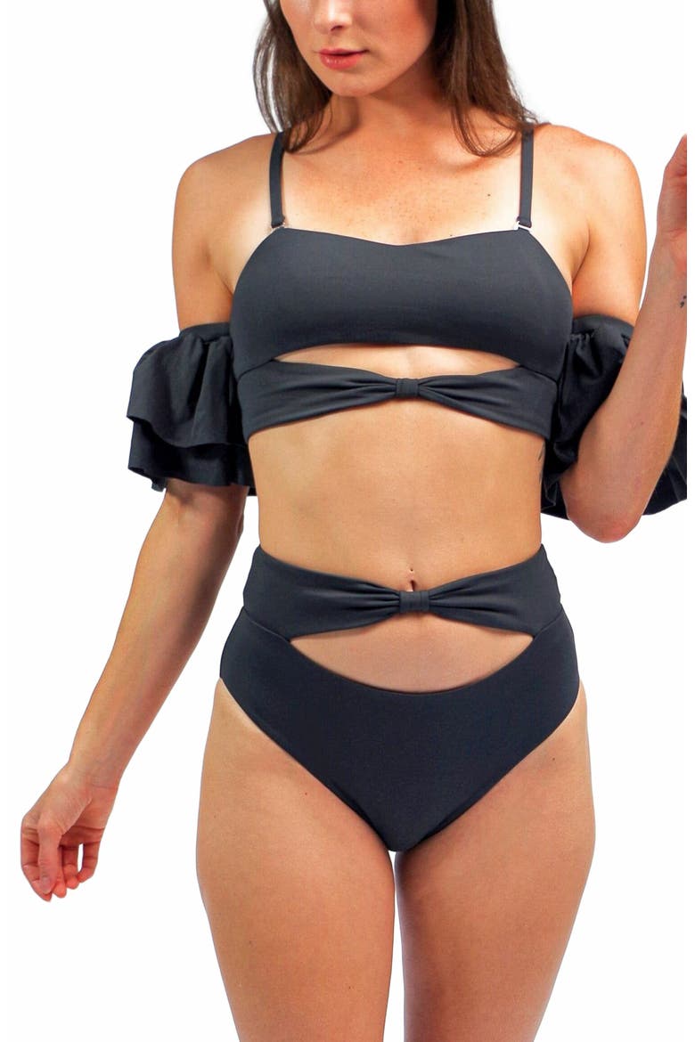 Ty Cutout Bikini Top With Ruffle Sleeves, Alternate, color, Charcoal Grey