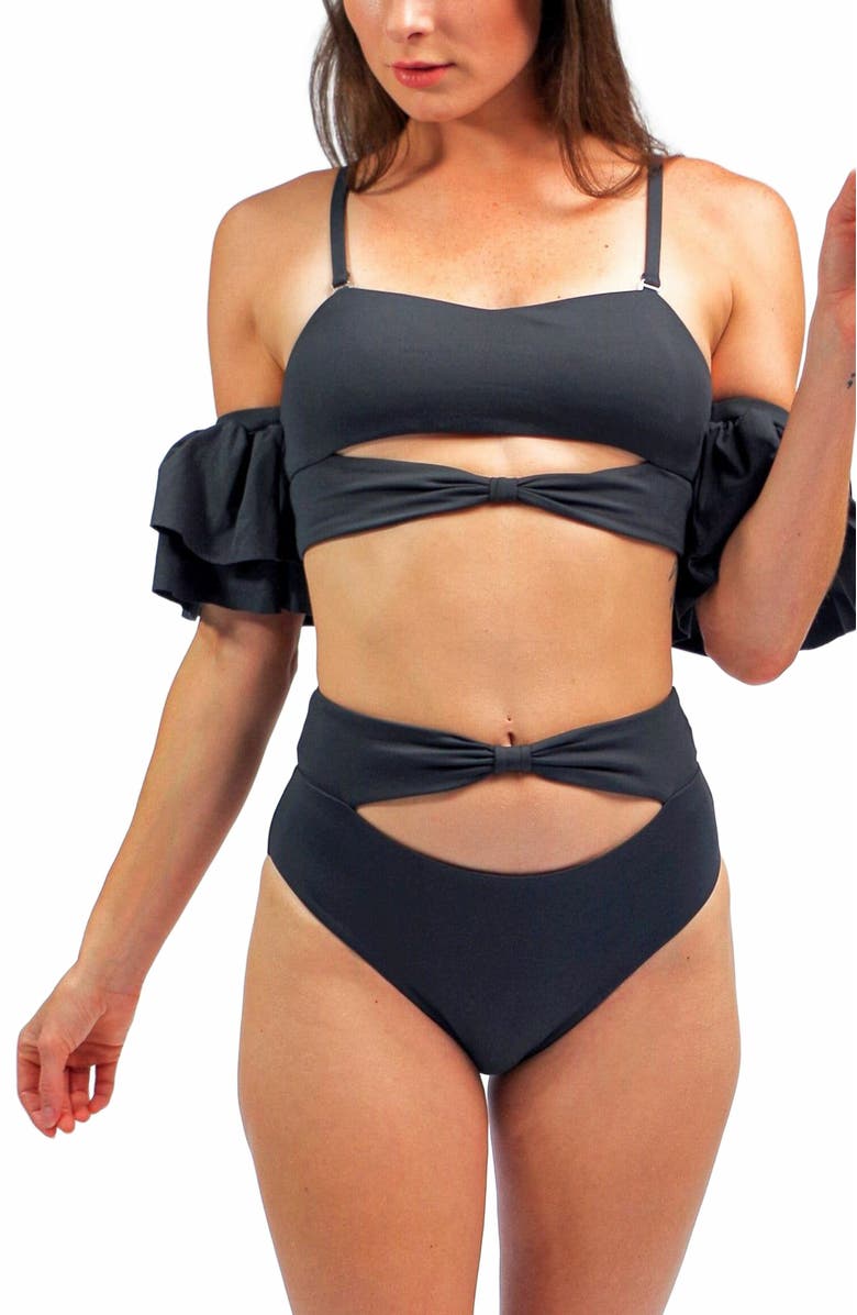 Mary Mercedes Ty Cutout Bikini Top With Ruffle Sleeves, Alternate, color, Charcoal Grey