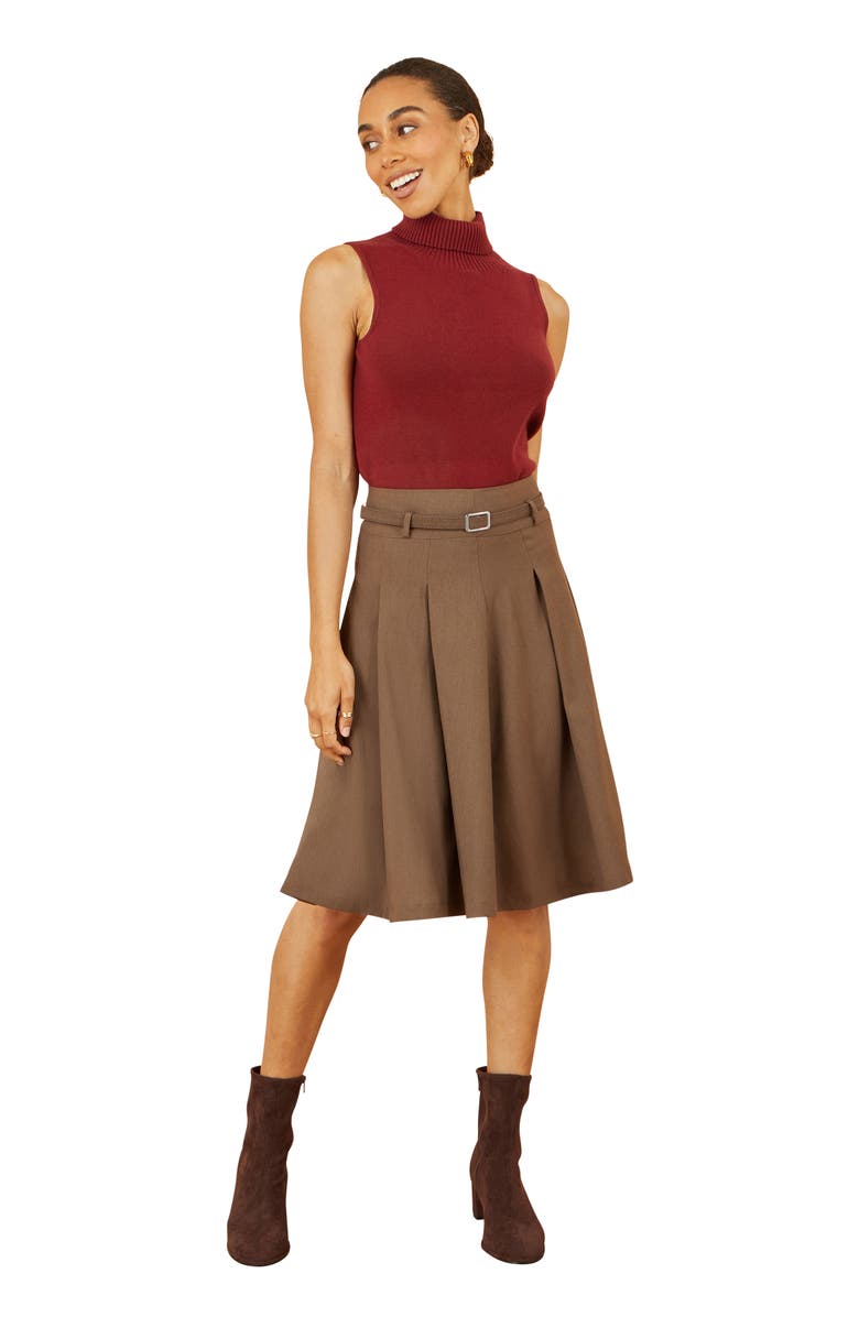 Yumi Pleated Midi Skirt With Belt, Alternate, color, Brown