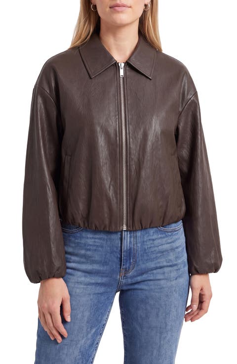 Faux Leather Zip Front Bubble Jacket