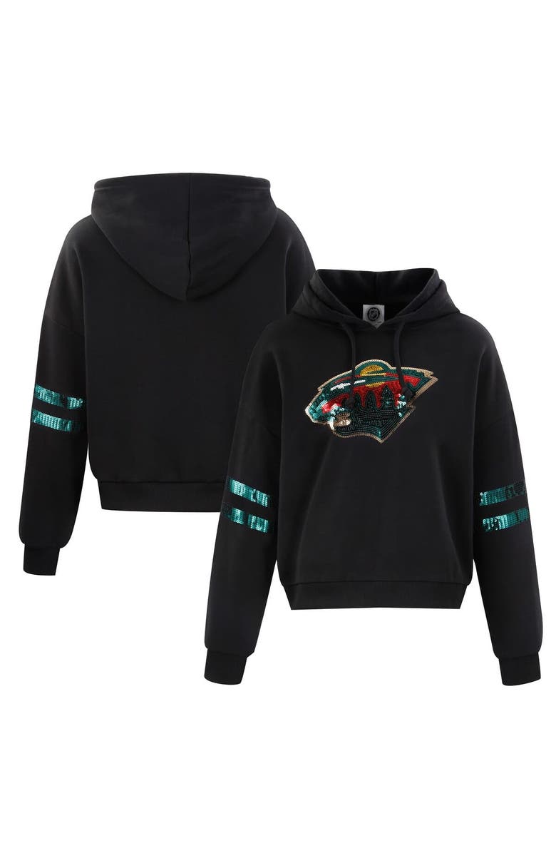 CUCE Women's Cuce Black Minnesota Wild Sequin Cropped Pullover Hoodie, Main, color, 