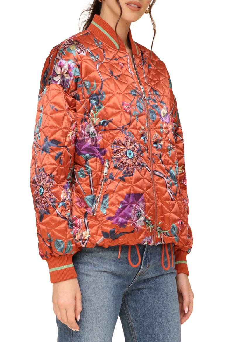 Floral Print Quilted Satin Bomber Jacket, Alternate, color, SPICE FLORAL