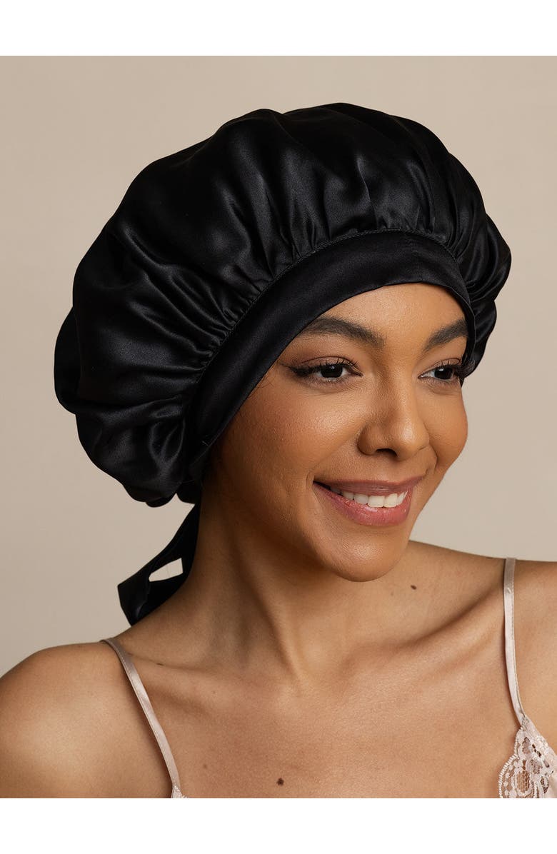 SILKSILKY Women's Mulberry Silk Bonnet with Long Ribbons, Alternate, color, Black