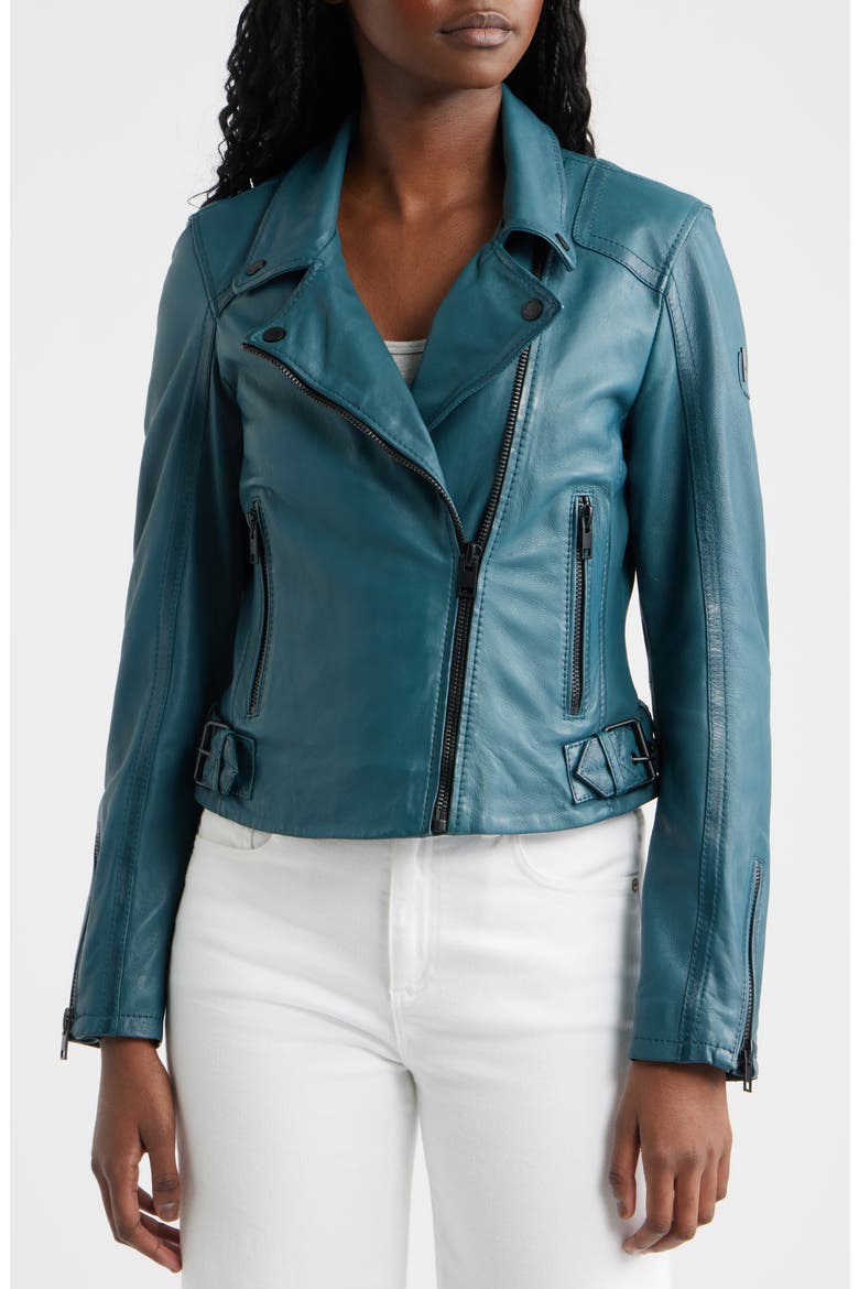 Bita Leather Moto Jacket, Alternate, color, TEAL