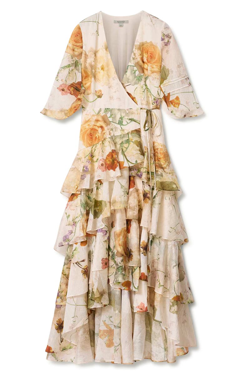 AllSaints Camellia Floral Print Wrap Dress, Alternate, color, Haze White