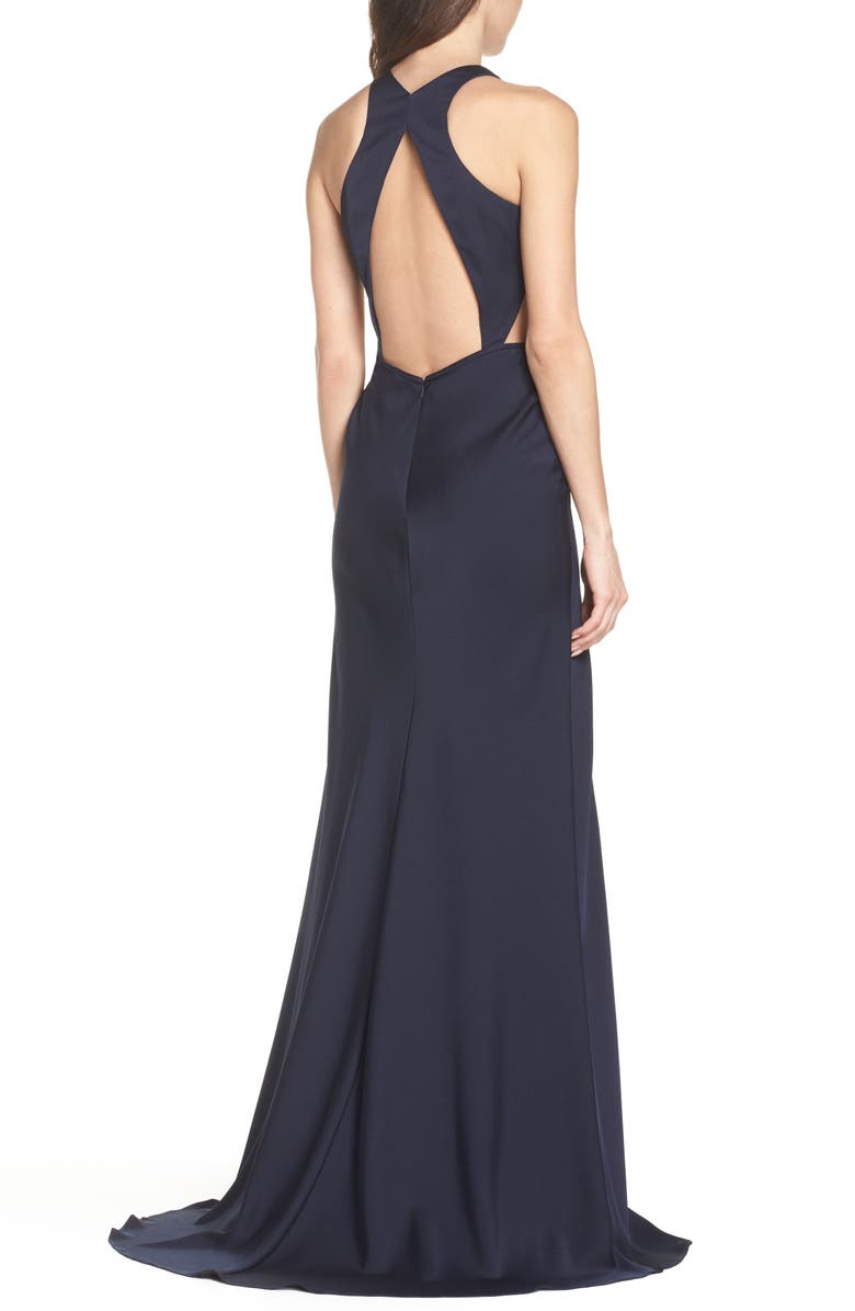 La Femme Cutout Detail Satin Trumpet Gown, Alternate, color, 