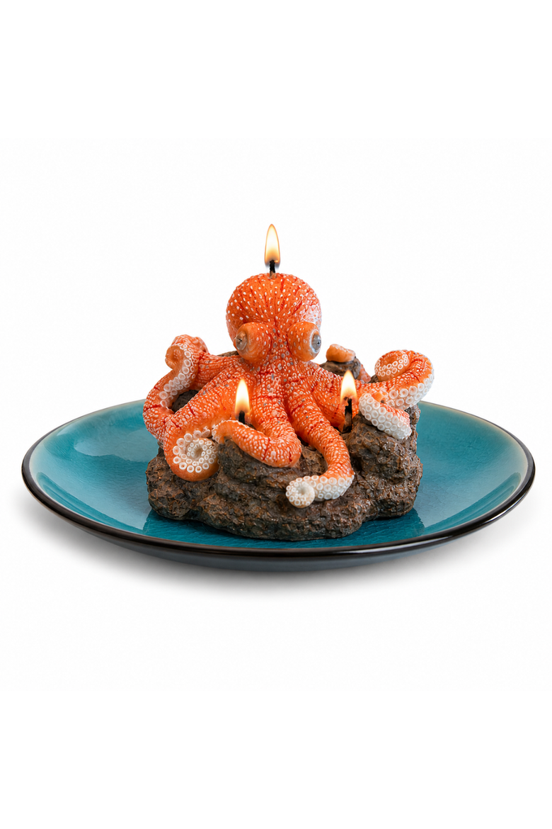 Octopus on Reef Candle, Main, color, Bright Coral / Turquoise