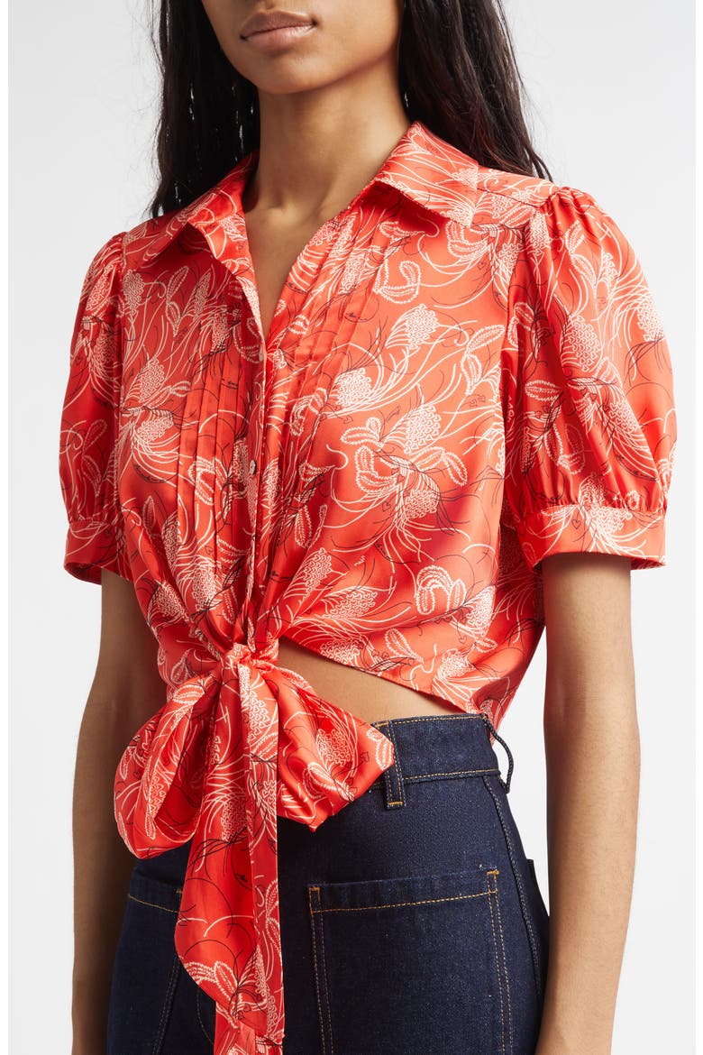 Abena Floral Puff Sleeve Tie Front Button-Up Shirt, Alternate, color, BISOU MULTI