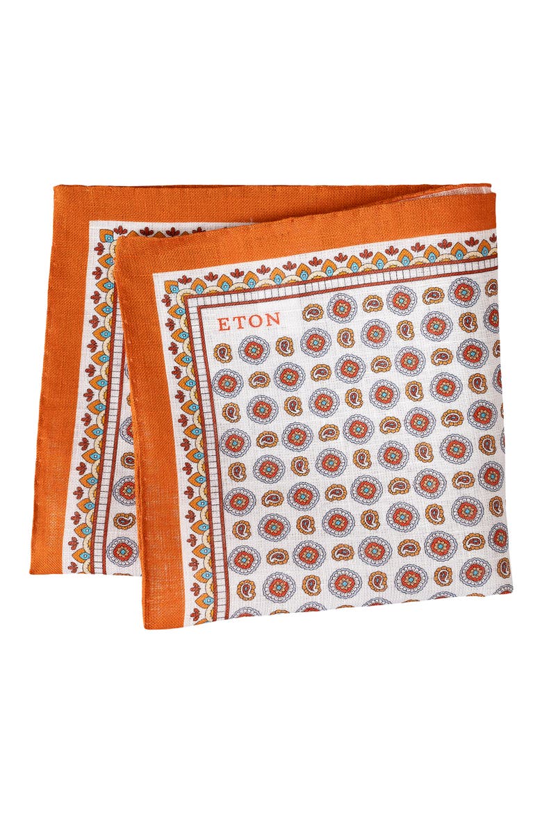 Geometric Print Linen Pocket Square, Main, color, MEDIUM ORANGE