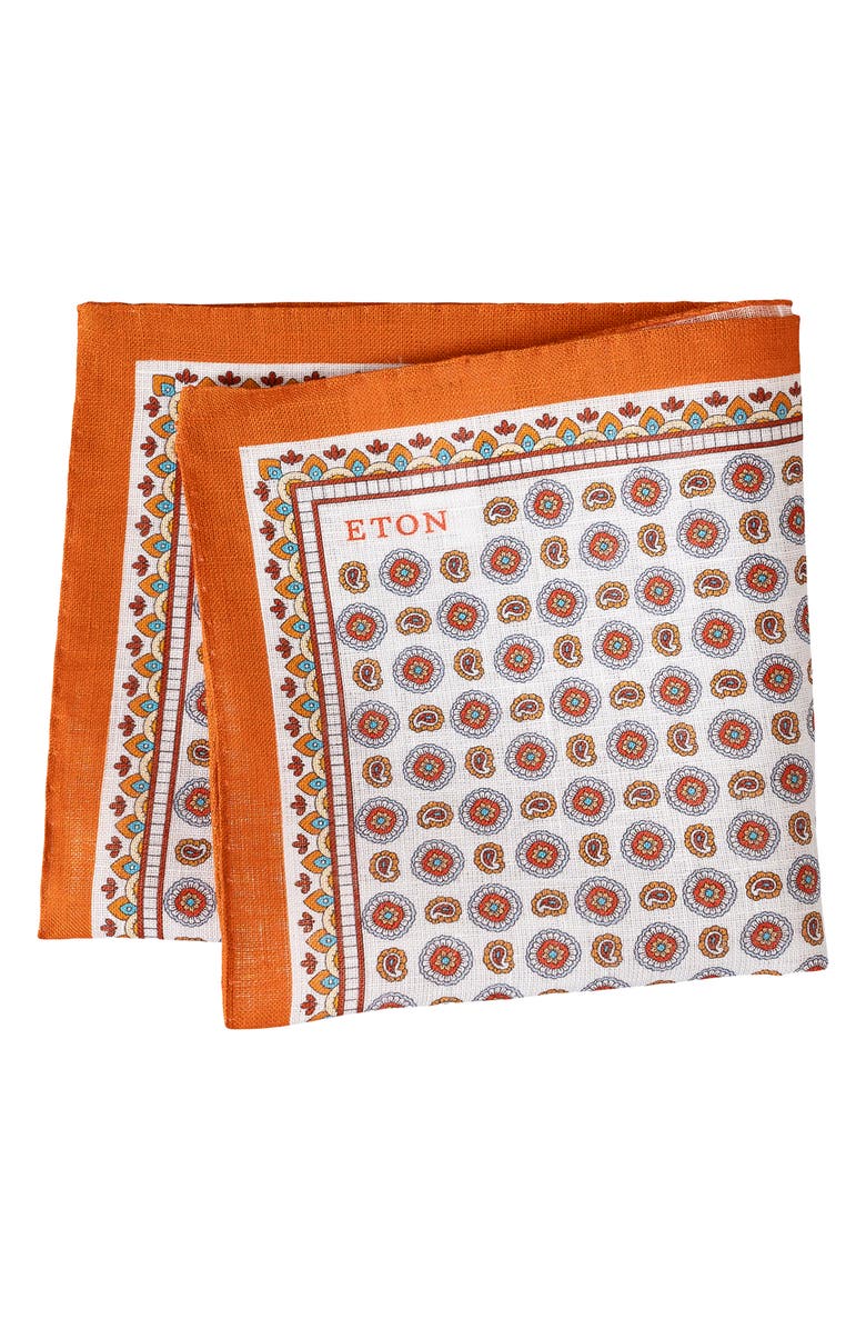 Eton Geometric Print Linen Pocket Square, Main, color, Medium Orange