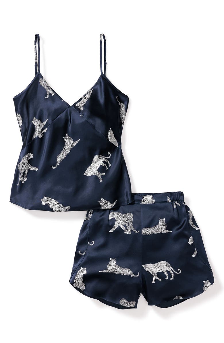 Petite Plume Panther Print Mulberry Silk Short Pajamas, Alternate, color, Navy