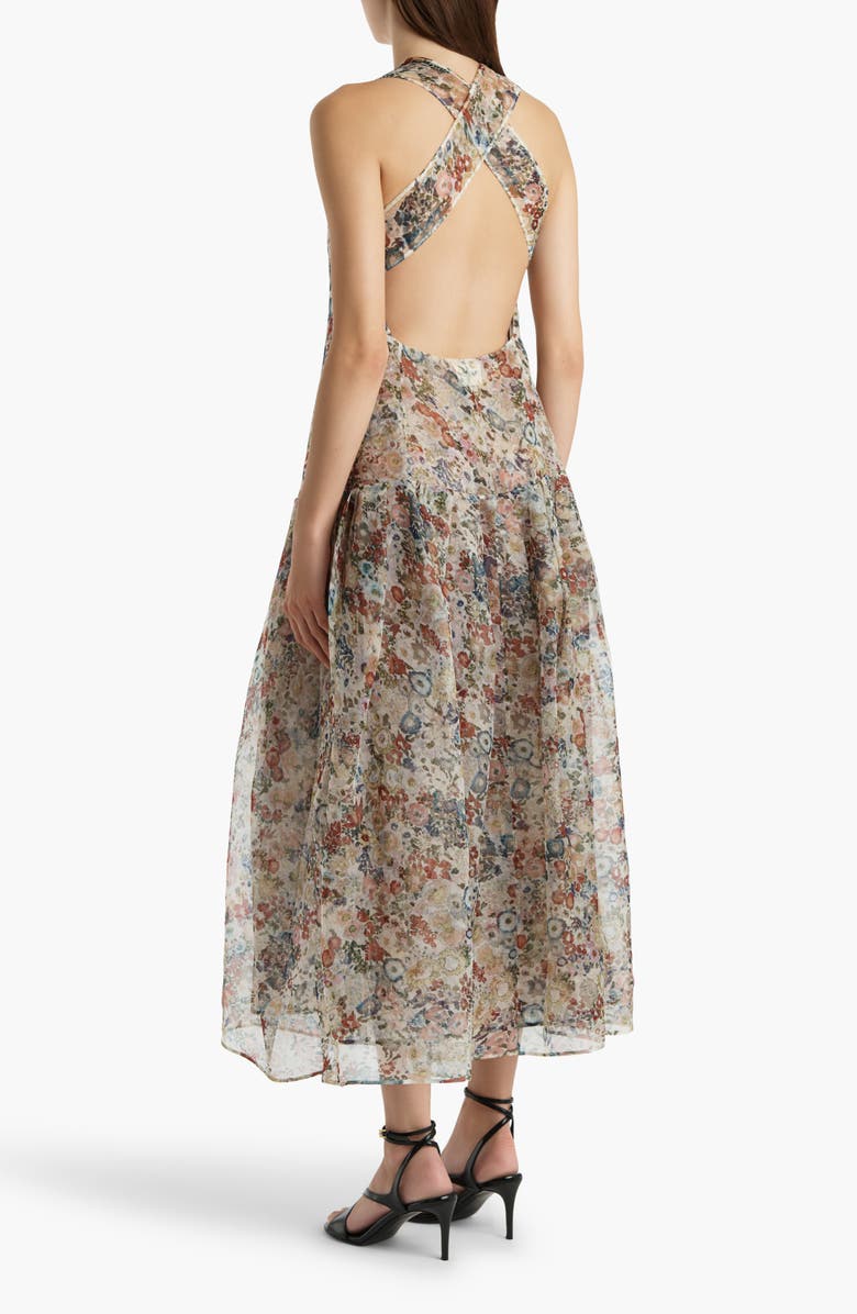 Khaite Amello Floral Drop Waist Silk Organza Pinafore Dress, Alternate, color, Cream Multi